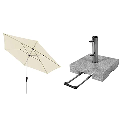 Doppler Aluminium Sonnenschirm SL-AZ 330 - Knickbarer Sonnenschutz - ca. 330 cm - Natur & Granit-Sonnenschirmständ er mit Ausziehgriff 45kg – Hochwertiger Sockel mit Edelstahlrohr, Grau