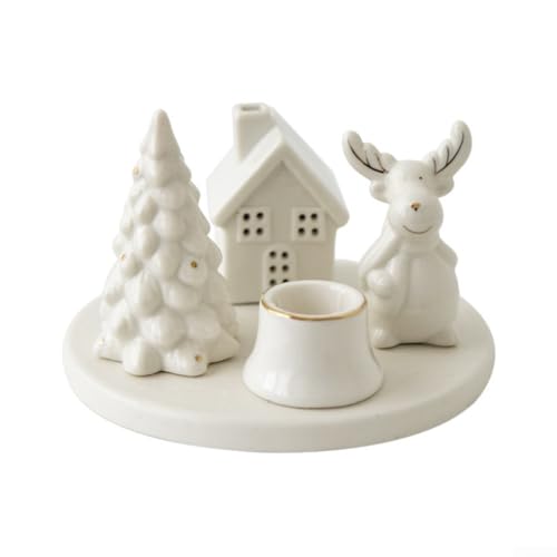 Eawfgtuw Weihnachtlicher Keramik-Kerzenhalter mit Rentier und verschneiten Häusern, festliche weiße Keramik-Dekoration für Tisch, Kaminsims oder Wohnzimmer, passend für Kerzen unter