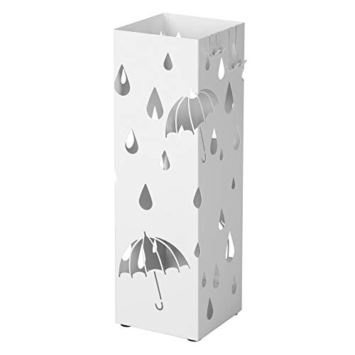 SONGMICS Regenschirmständer aus Metall, quadratischer Schirmständer, Wasserauffangschale herausnehmbar, mit Haken, 15,5 x 15,5 x 49 cm, weiß LUC49W