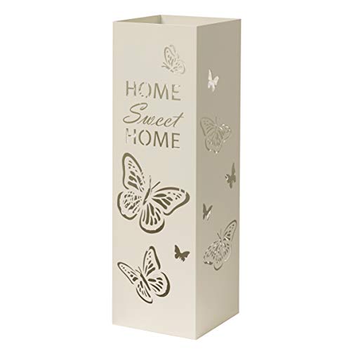 Baroni Home Moderner Metall-Schirmständer mit Home Sweet Home und Schmetterlingsschnitzerei - mit Haken und herausnehmbarem Ablagefach für Wohnzimmer und Büro, Weiß, 15,5x15,5x49 cm