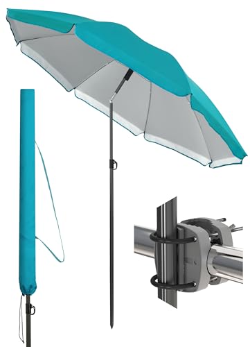 4smile Sonnenschirm Balkon SunnyJoy im 3er-Set - UPF 50+ Balkon Schirm 180 cm + Sonnenschirmhalter Balkongeländer SunnyEasy + Sonnenschirmhülle - Sonnenschutz Balkon, Sonnenschirm Strand, Türkis