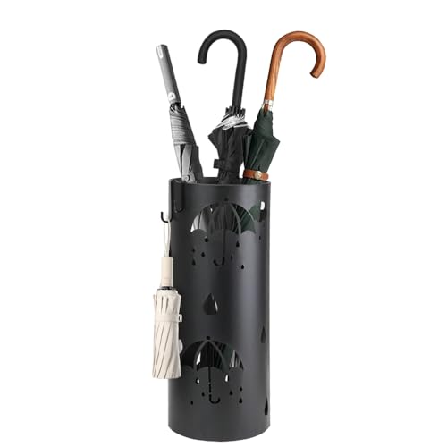 DIBALIYI Schirmständer aus Metall, Runder Regenschirmständer, Schwarz Umbrella Stand mit 2 Haken, Abnehmbarer Schirmständer Regenschirm für Heimbüro und Innenbereich 17 x 7 Inch