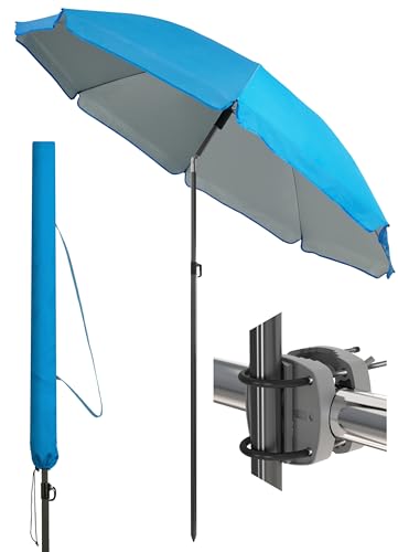 4smile Sonnenschirm Balkon SunnyJoy im 3er-Set - UPF 50+ Balkon Schirm 180 cm + Sonnenschirmhalter Balkongeländer SunnyEasy + Sonnenschirmhülle - Sonnenschutz Balkon, Sonnenschirm Strand, Blau
