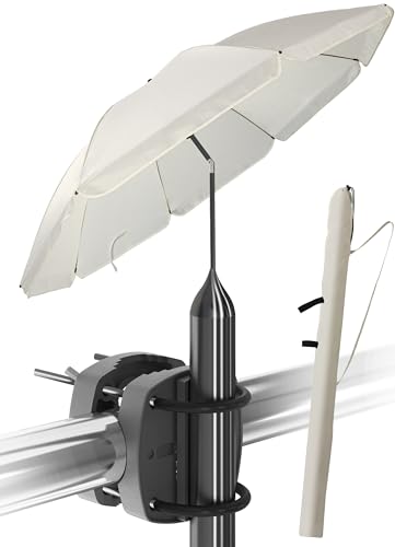 Menz Sonnenschirm Balkon als Sonnenschutz Balkon 3-IN-1 SET - UPF 50+ Sonnenschirm 180 cm in Beige + Sonnenschirmhalter Balkongeländer + Sonnenschirmhülle