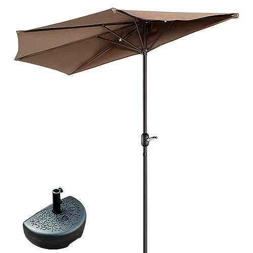 300 cm halbrunder Terrassenschirm mit Ständer und Kurbel – Stilvoller brauner Marktschirm für Balkon Terrasse Garten – einfach zu bedienender Sonnenschutz im Freien