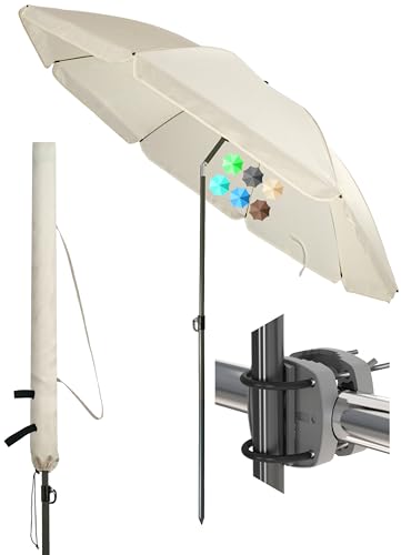 Menz Sonnenschirm Balkon Ø 180 cm, Beige - Funktionelles 3-in-1-Set inkl. Balkon Schirm + Sonnenschirmhalter Balkongeländer + Sonnenschirm Schutzhülle, Sonnenschutz Balkon UV 50+