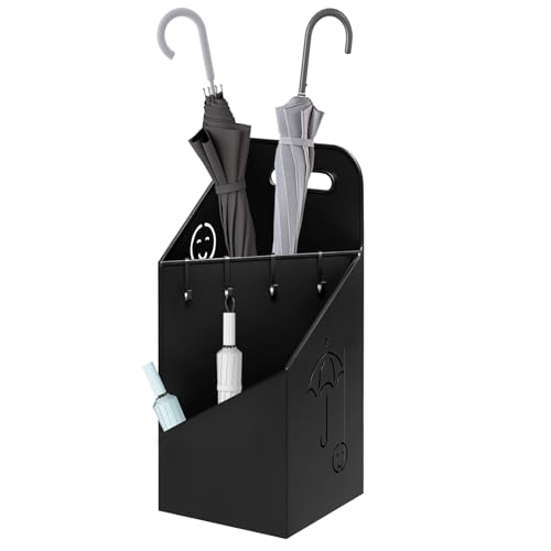 WOLTU Regenschirmständer 2 Slots, Schirmständer Regenschirm, Regenschirmhalter mit Griff, 4 Haken, für Eingangsbereich, 20x49x20 cm, aus Metall, Schwarz, SST14an