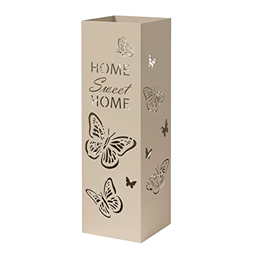 Baroni Home Modernes Design Regenschirmständer aus Metall mit Schmetterlingen, 2 Haken und abnehmbarer Regenwanne, Taupe,15,5x15,5x49 cm