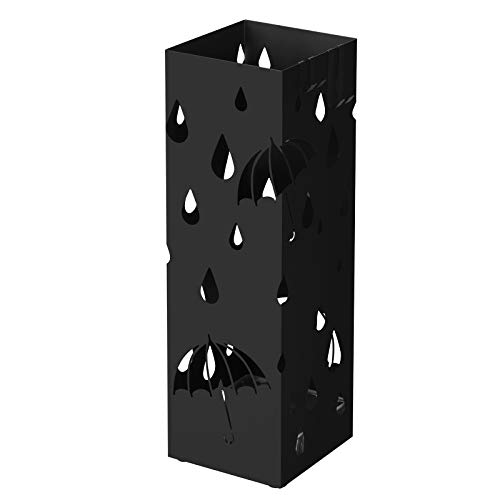 SONGMICS Regenschirmständer, quadratischer Schirmständer, Wasserauffangschale herausnehmbar, mit Haken, 15,5 x 15,5 x 49 cm, Schwarz LUC49B