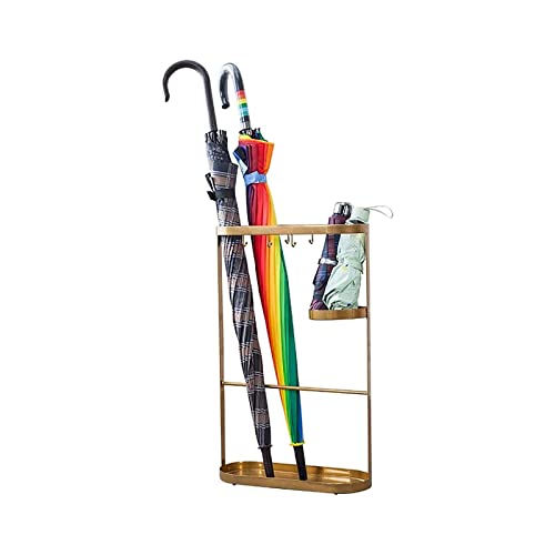 ZRQSMCX Schirmständer aus Eisen mit Abtropfschale und 6 Haken, Vintage-Schirmhalter für Spazierstöcke, 34 x 14 x 55 cm (goldfarben)