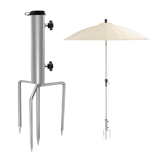 Sonnenschirmständer mit Rasendorn, Erdspieß Sonnenschirm mit 4 Heringen, Abnehmbar Einstellbar Robuster Bodenanker aus Metall, Sonnenschirmhalter für Angeln, Gras, Garten, Strand Camp