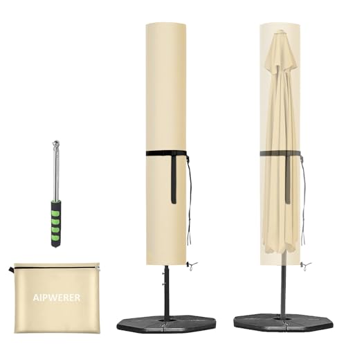 Aipwerer Sonnenschirm Schutzhülle, Ampelschirm Schutzhülle mit Stab, Abdeckhauben & Hülle Wetterfest, UV-Anti, Winddicht & Schneesicher, Sonnenschirm Abdeckung Outdoor Beige 240X57/57cm