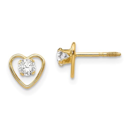Ohrstecker aus 14 Karat Gelbgold, poliert, 3 mm, weißer Zirkonia, Liebesherz, für Jungen oder Mädchen, Maße: 6 x 6 mm, Metall, Zirkonia