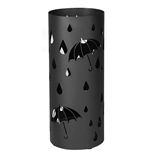 SONGMICS Regenschirmständer aus Metall, runder Schirmständer, Wasserauffangschale herausnehmbar, mit Haken, 49 x Ø 19,5 cm, schwarz, LUC23B