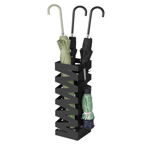 SONGMICS Regenschirmständer aus Metall, Schirmständer, quadratisch, 4 Haken und eine herausnehmbare Wasserauffangschale, 20 x 20 x 49 cm, schwarz LUC017B01