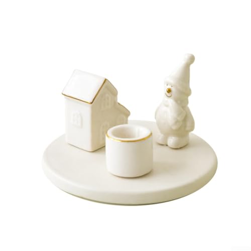 Eawfgtuw Weihnachtlicher Keramik-Kerzenhalter mit Rentier und verschneiten Häusern, festliche weiße Keramik-Dekoration für Tisch, Kaminsims oder Wohnzimmer, passend für Kerzen unter