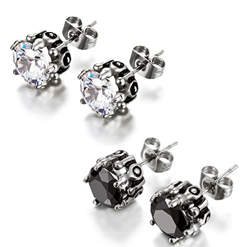 JewelryWe Schmuck 2 Paare Damen Herren Ohrstecker, Retro Gotik Edelstahl mit Zirkonia Ohrringe Ohrschmuck, Schwarz Weiss