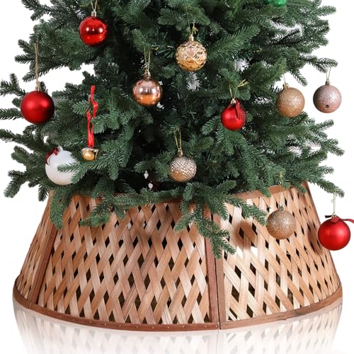 Hollowfly 71,1 cm großer gewebter Weihnachtsbaumkragen für rustikale Bauernhaus-Heimdekoration , Bambus-Rattan-Korb, Rock, Bodenabdeckung, Naturbraun, Weihnachtsständer, Abdeckung für