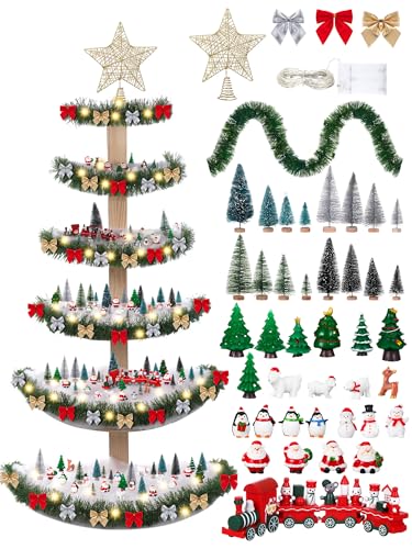 Cinnvoice 103 Stück 6 Etagen 149,9 cm Weihnachtsbaum Dorf halbrund Display Ständer Zubehör Sets Ornament Baumregal Holz mit Weihnachtsdorf Zubehör Sets für Urlaub Weihnachtsdekoration