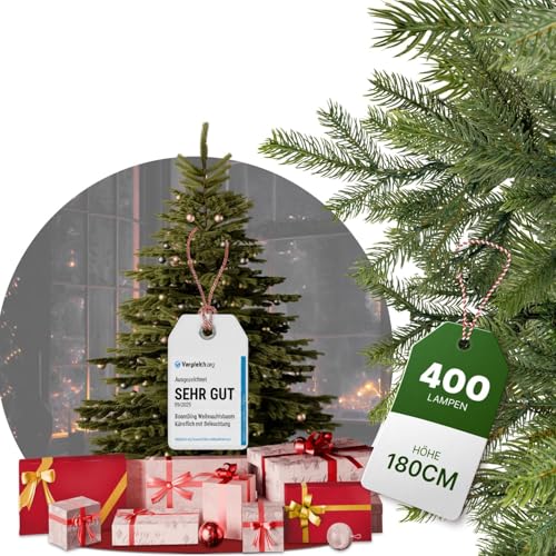 Künstlicher Weihnachtsbaum mit Beleuchtung | 180 cm | 400 LED | Weihnachtsbaum künstlich wie echt | LED Weihnachtsbaum inkl. Metallständer und Aufbewahrungskarton | Tannenbaum künstlich wie echt
