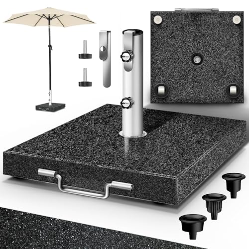 tillvex® Granit Sonnenschirmständer mit Rollen & Transportgriff 27 kg Eckig | Schirmständer Sonnenschirm mit Edelstahlrohr | Balkonschirmständer für Schirmstöcke 16-48 mm & 250 cm Schirmdurchmesser