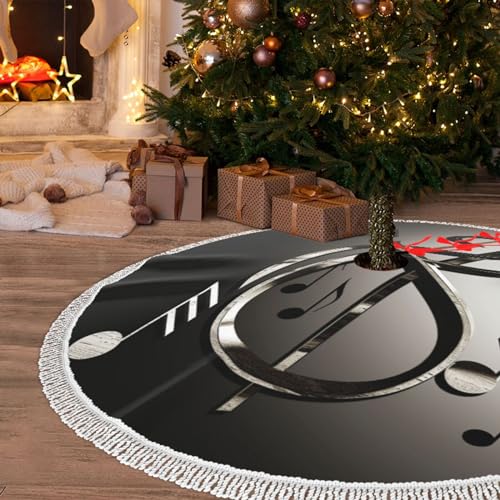 76,2 cm Weihnachtsbaumrock Musik-Symbol Druck Weihnachtsbaum Rock mit Quaste Weihnachtsdekoration Matte für Zuhause Party Urlaub Ornamente