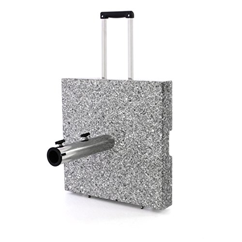 Nexos Sonnenschirmständer Granit Grau eckig mit Trolley-Griff, Rollen, Reduzierhülsen, Edelstahlrohr poliert 45 x 45 cm 40 kg. Für Schirme bis 3,5 m