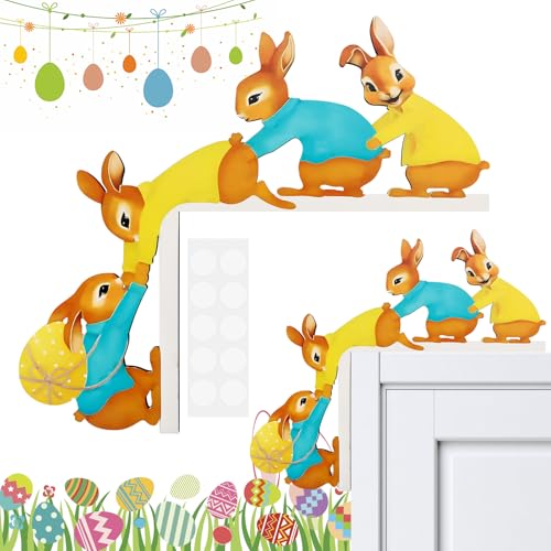 Türrahmen Deko Ostern, Osterdeko Holz Lustige Osterhasen Türrahmen Deko, Türrahmen Holz Dekoration mit Hase Holzskulptur, Doppelseitig Bedruckte Osterdekoration für Tür, Fenster, Kamin, Kühlschrank