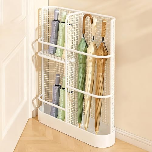 Moderner Schirmständer aus Metall für den Innenbereich, mit Abtropfschale, stilvoller Regenschirmhalter, Organizer für Eingangsbereich, Hotel, Büro, Dekoration (weiß, 50 x 40 x 10 cm)