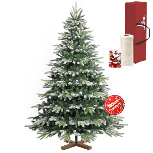 Ferzone 180cm Künstlicher Weihnachtsbaum mit Weiß Gespritzt Schnee 825 PVC/PE Baum-Spitzen&Aufbewahrung stasche, Grün Kleiner Tannenbaum mit Holz Ständer, Dekorationen, für Außen Innen