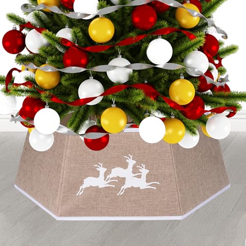 WedDecor Beige Faltbarer Weihnachtsbaumrock mit Rentiermuster | Sackleinen mit Rentier Sechseckiger Weihnachtsbaumkragen Weihnachtsbaum Basis Abdeckung Weihnachtsschmuck für Baumständer und Körbe