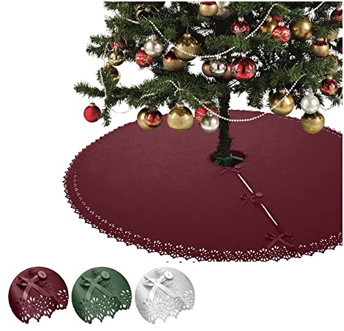 XXL Weihnachtsbaumdecke oekoTex 120 cm Fleece mit Knöpfen Satinbänder rund rot weinrot Christbaum Christbaumdecke Tannenbaumdecke