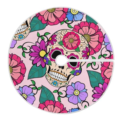Weihnachtsbaumdecke, Zuckerschädel in rosa Ton, Blumenmuster, 121,9 cm, Weihnachtsbaumdecke, Ornament, Baumbasis, Abdeckung Matte für Weihnachtsdekorationen, Neujahr, Party, Urlaub, 120 cm