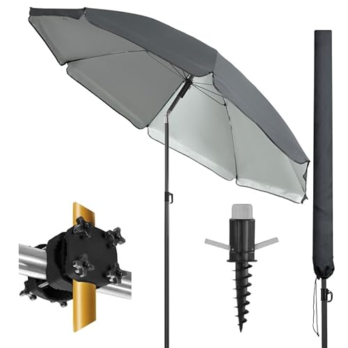 4smile Sonnenschirm Strand UPF 50+, ALL-IN-ONE SET - Sonnenschirm Balkon 180 cm + Schirmhülle + Sonnenschirmhalter Balkongeländer + Bodenhülse + Sonnenschirmständer - Für Balkon, Strand, Garten
