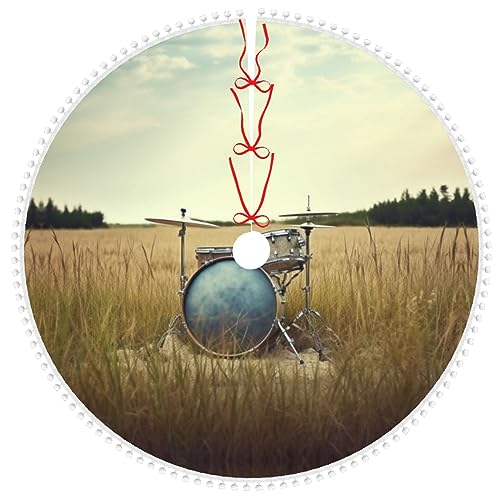 Weihnachtsbaumrock mit Musik-Trommel im Feld, mit Bommelbesatz, weicher Plüsch, Baumrock, Ornamente, Weihnachtsbaummatte für Weihnachten, Neujahr, Urlaubsdekoration, 121,9 cm