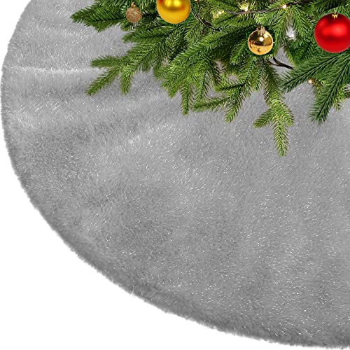 KONVINIT Christbaumdecke Rund Grau Weihnachtsbaumrock Weihnachtsbaumteppich mit Glänzendes Silber Weihnachtsbaum Rock aus Mikrofaser Kunstpelz,rund 90 cm