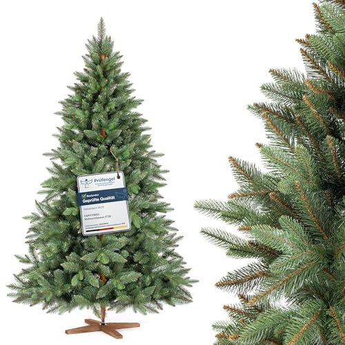 FAIRYTREES Weihnachtsbaum künstlich, Nordmanntanne Premium 180 cm, Naturgetreue Spritzguss Elemente, Made in EU, Künstlicher Weihnachtsbaum mit handgefertigtem Ständer aus Eschenholz