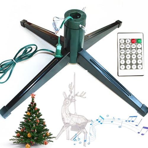 Weihnachtsbaumständer, Faltbarer Weihnachtsbaumsockel mit Hirschlaterne, Musik und Fernbedienung, für Baumständer bis zu 2,3 ??m, Eisenbeine, elektrisch um 360° drehbarer Weihnachtsbaumständer