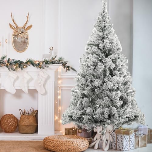 Yirtree Weihnachtsbaum, 1,8 m, beleuchtet, schneebeflockt, künstlicher Weihnachtsbaum für Zuhause, Büro, Party-Dekoration,weiß 180 cm