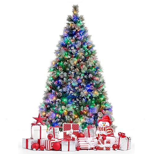 COSTWAY 180/210cm Künstlicher Weihnachtsbaum LED, beleuchteter Tannenbaum mit Kiefernzapfen & roten Beeren & Metallständer, 11 Lichtmodi, Christbaum PVC Kunstbaum Weihnachten, grün+weiß (210cm)