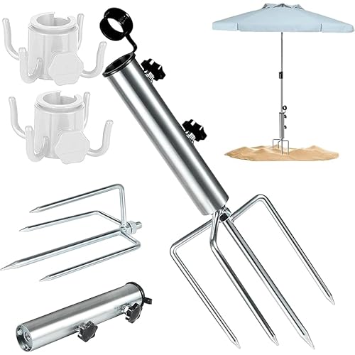 Sonnenschirmständer mit Rasendorn, Schirmständer mit 4 Heringen und Sonnenschirm, Schirmständer Erdspieß Abnehmbar Einstellbar Robuster Bodenanker für Angeln,Garten, Strand Gras
