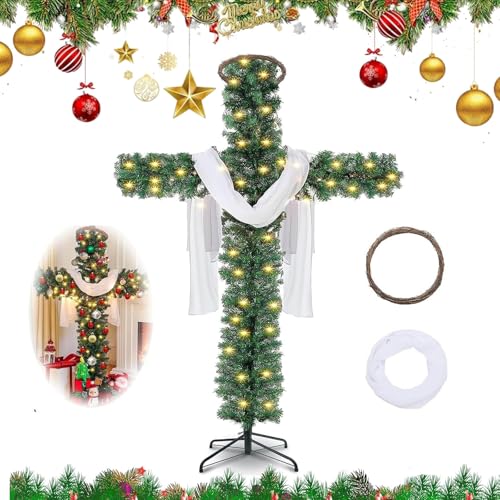 Changtai Kreuz Weihnachtsbaum Faltbar 180 cm, Foldable Cross Christmas Tree, Künstlich Weihnachtsbaum mit Beleuchtung Seidenschal Holz-Rattan-Ring, Faltbar Hohe Qualität Tannenbaum Weihnachten Deko