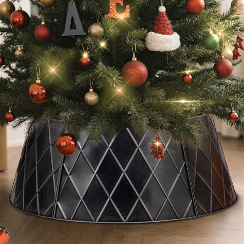 Lanpn Metall Weihnachtsbaum Kragen 70cm, Weihnachtsbaum Halsband Christmas Tree Collar Für Mittelgröße M Wetterfest Für Kunstbäume Innen Außen - Weihnachtsdekoration (Schwarz, Raute)