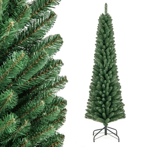 COSTWAY 180cm Bleistift Weihnachtsbaum, künstlicher Tannenbaum mit 392 Zweigespitzen & Metallständer, Christbaum schmal, Kunstbaum Weihnachten für Zuhause, Büro (180cm)