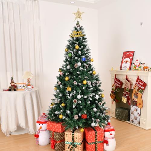Bonnlo Künstlicher Weihnachtsbaum 180cm, Tannenbaum Künstlich mit 900 Zweigspitzen, Weihnachtsbaum mit Schnee & Tannenzapfen, Nordmanntanne mit Stabilem Metallständer, Weihnachtsdeko Innen & Aussen