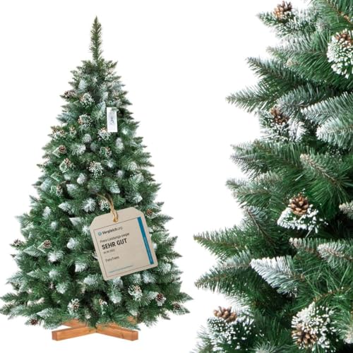 FairyTrees Weihnachtsbaum künstlich 180cm Kiefer mit Christbaum Holzständer | Tannenbaum künstlich mit Natur-Weiss beschneit | Made in EU