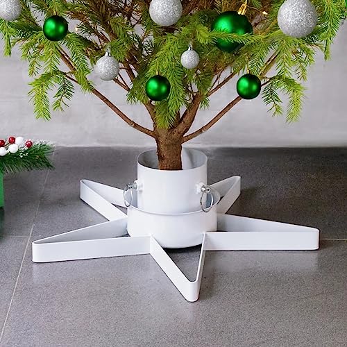 Christbaumständer, Metall, Sternform Design, Stabiler Halt, Wasserbehälter für Frische, für echten Baum, Weiß, 47x47x13,5 cm