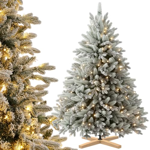 Eldzenith Weihnachtsbaum 180 cm Schnee, Tannenbaum Künstlich mit Beleuchtung, Holzständer, PVC und PE, Naturgetreu, Christbaum, Schwer Entflammbar, Christmas Tree für Zuhause, Geschäfte
