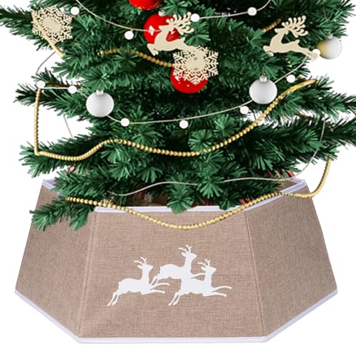 Trimming Shop Beige Jute, faltbar, sechseckiger Rock, Bodenabdeckung mit Rentiermuster, Weihnachtsbaumkragen, Rock, Basisabdeckung für Ständer und Körbe, Urlaubsdekorationen
