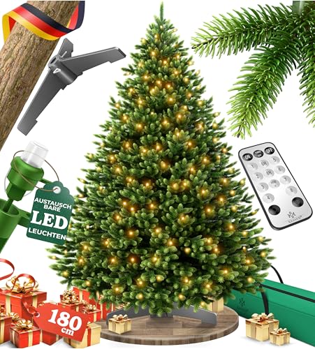 KESSER® Weihnachtsbaum LED künstlich 180 cm – wie echt – naturgetreuer Tannenbaum mit Holzständer + Fernbedienung + Tasche, dichte Zweige, kein Nadeln, realistischer Pine Tree, Christbaum, Dunkelgrün